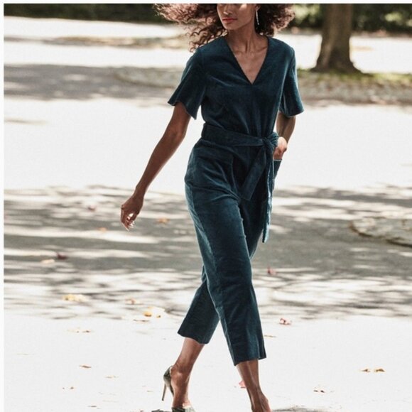 RACHEL ROY Layla Teal / Green Wide Wale Corduroy Jumpsuit Tie Waist Festive Sz 8 - Picture 5 of 15